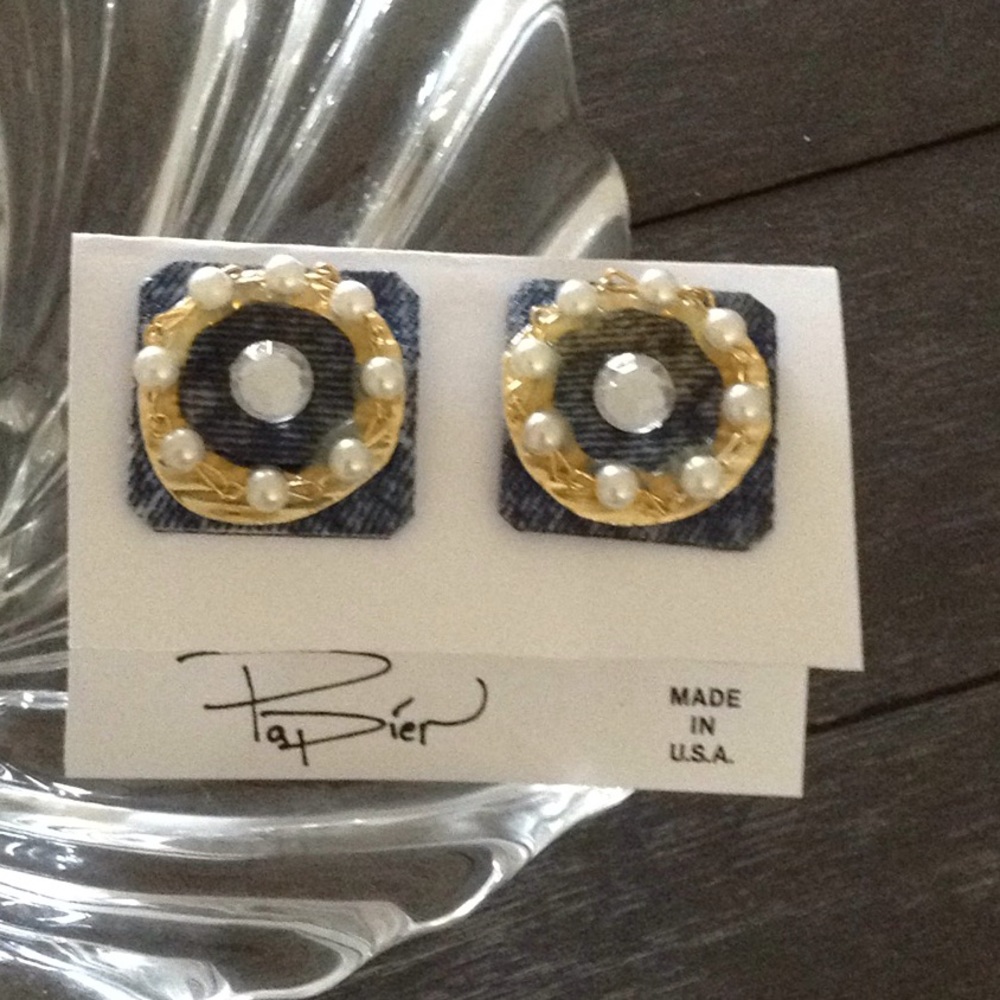 Denim fabric retro handmade earrings w/gold/pearls